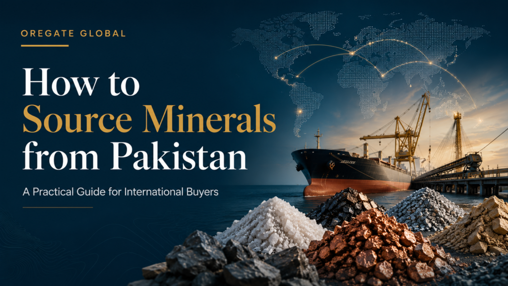 How to Source Minerals from Pakistan: A Practical Guide for International Buyers Bulk industrial minerals, laboratory sample bags, and cargo vessels representing mineral sourcing from Pakistan
